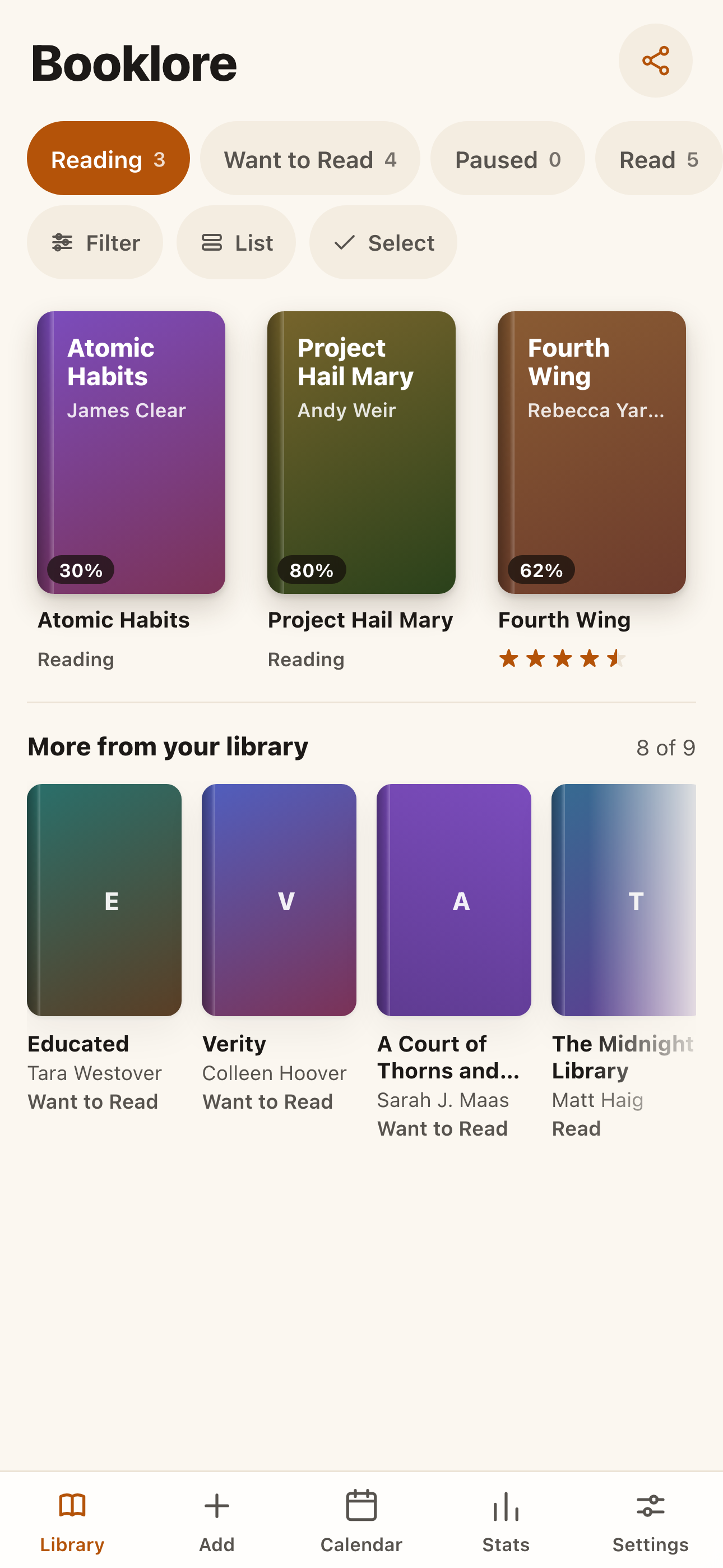 Booklore library screen showing book shelves