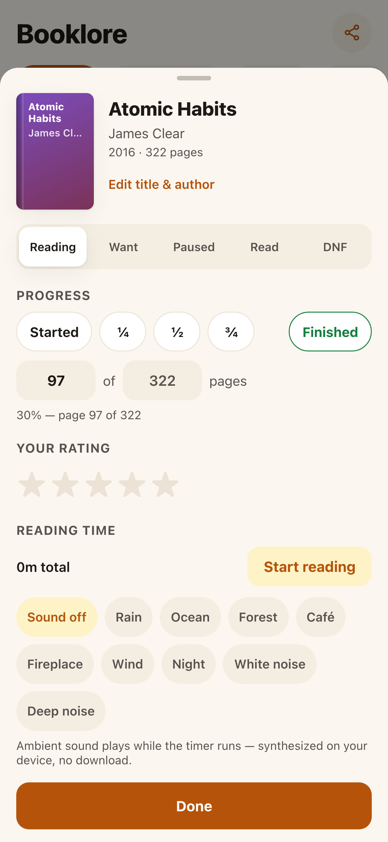 Book detail screen with rating and reading progress