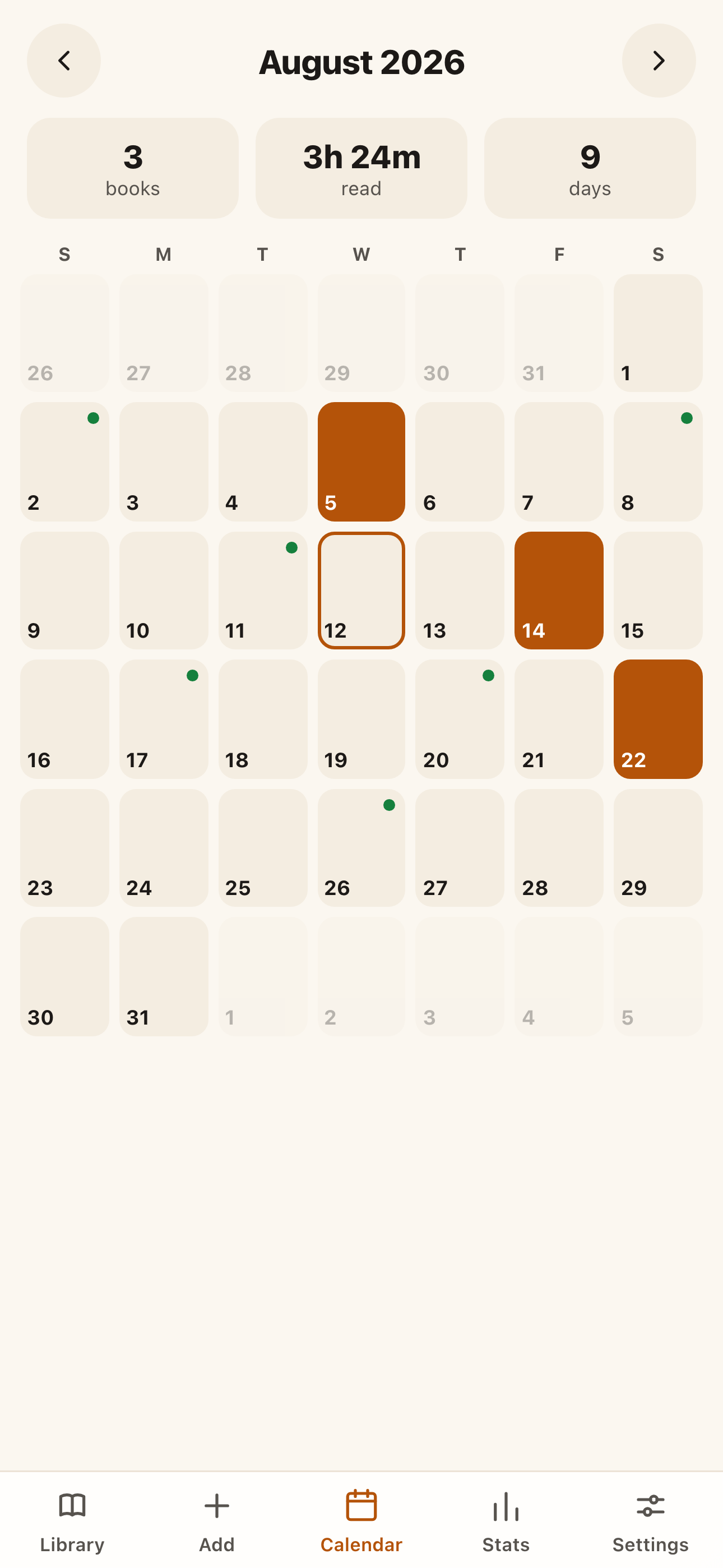 Reading calendar showing daily reading streak