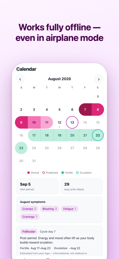 Niah's August 2026 calendar with period, predicted, fertile and ovulation days colour-coded, and a fertile window shown as the range Aug 17 to Aug 23.